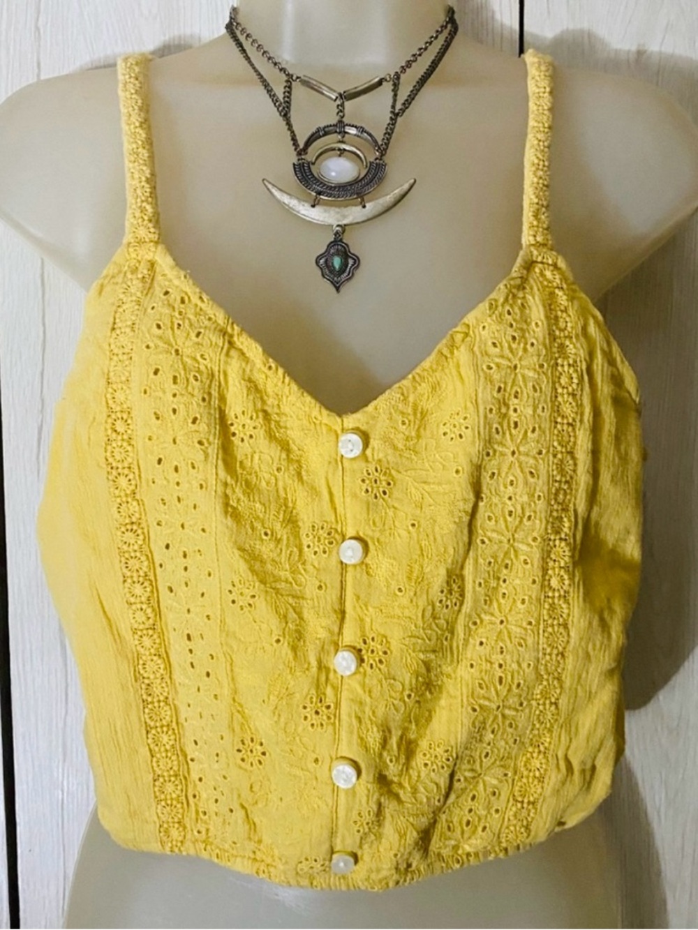 American Eagle Outfitters Yellow Eyelet Button-Front Cami